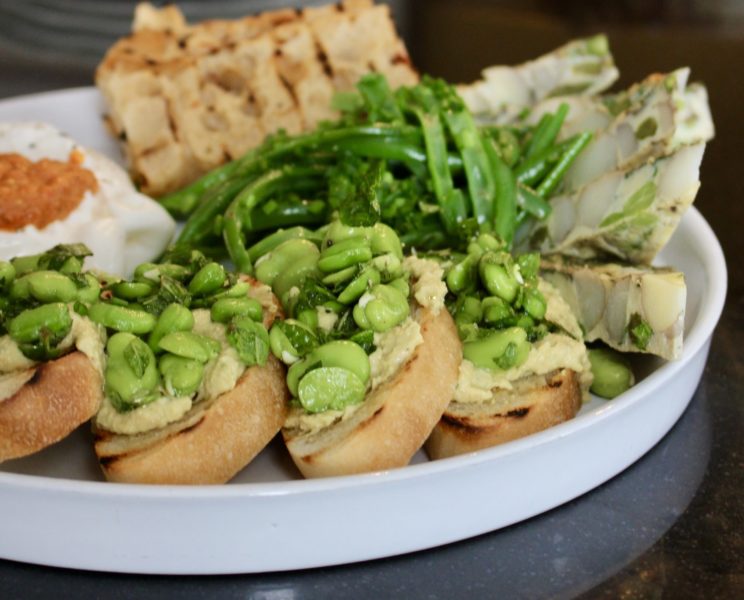 Image of The Hungry Guest Picnic Platter close up on the Miso Hummus and Broad-bean bruschetta