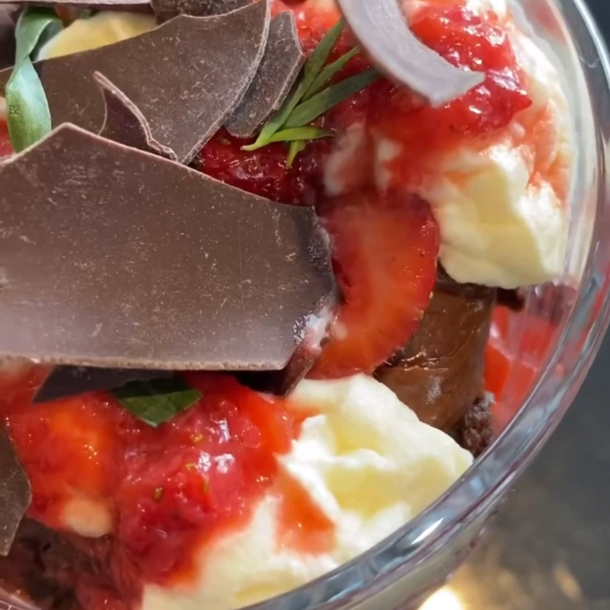 Chocolate and strawberry trifle with tarragon and olive oil