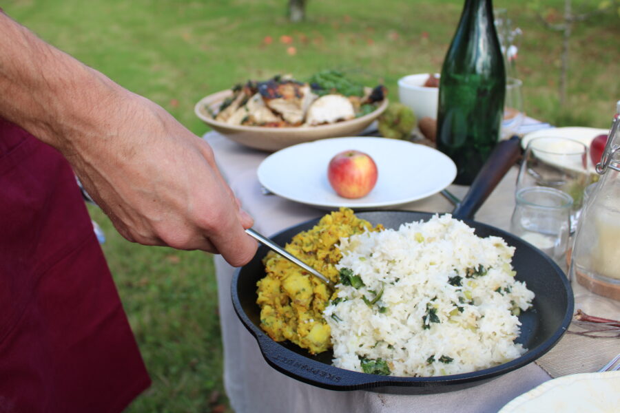 Bombay potatoes, rice and Mereworth greens