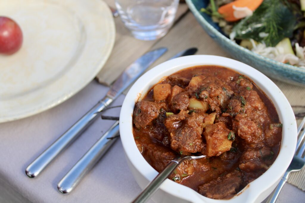 November recipe of the month, Venison rogan josh, Bombay potatoes, rice and Mereworth greens