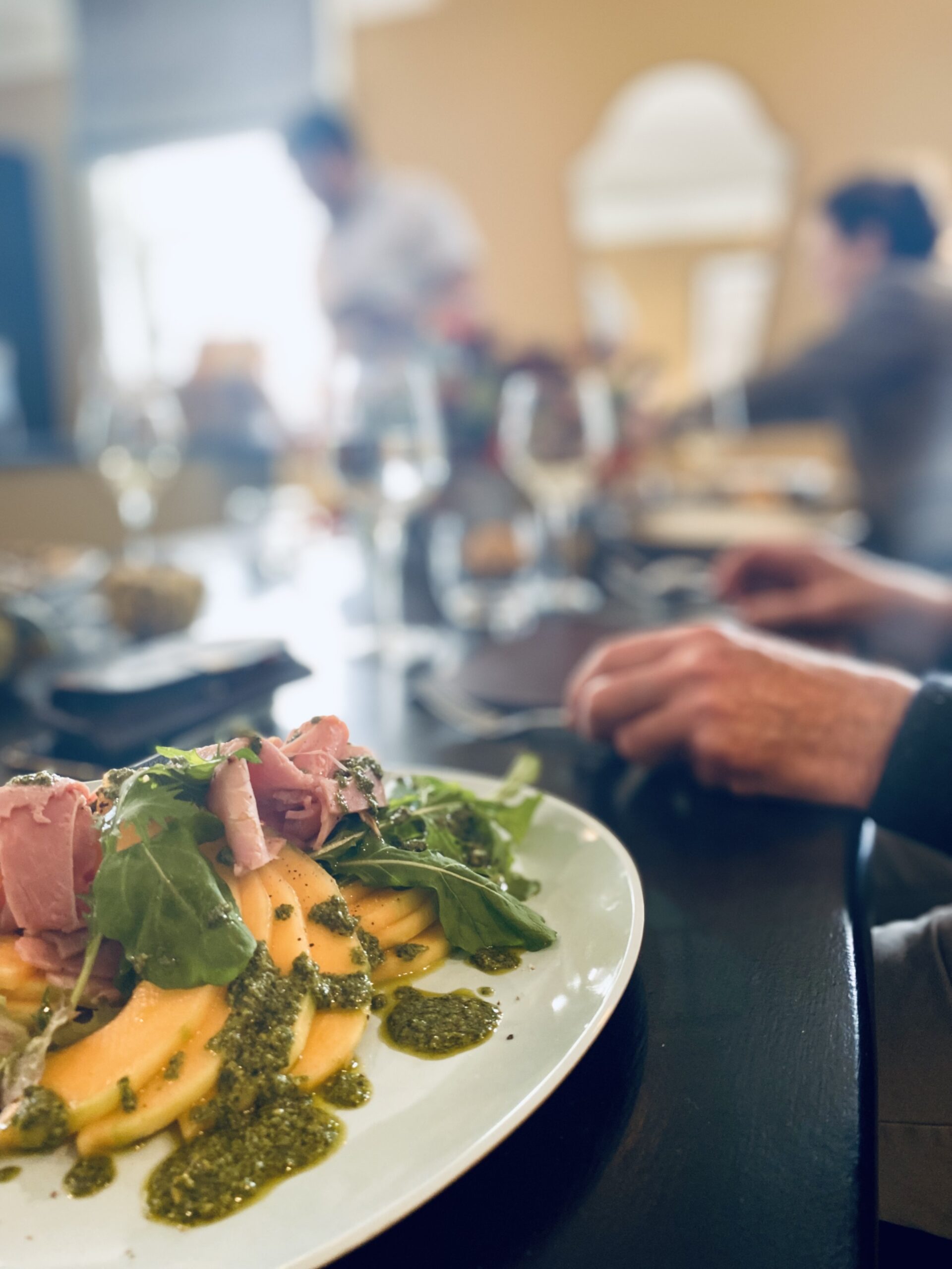 Mereworth melon, cured leg ham, Mereworth lettuce leaves, basil pesto