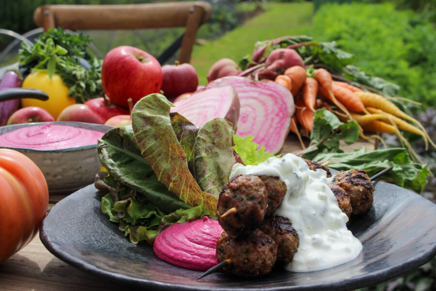 Lamb kofta with beetroot hummus and tzatziki served together