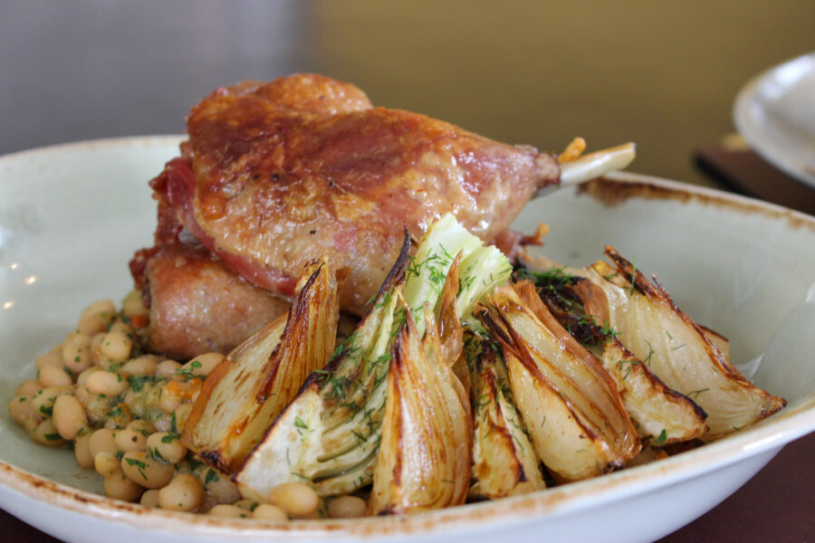 Confit duck leg with white bean cassoulet, roasted fennel and onions, made with seasonal produce from Mereworth Market Garden
