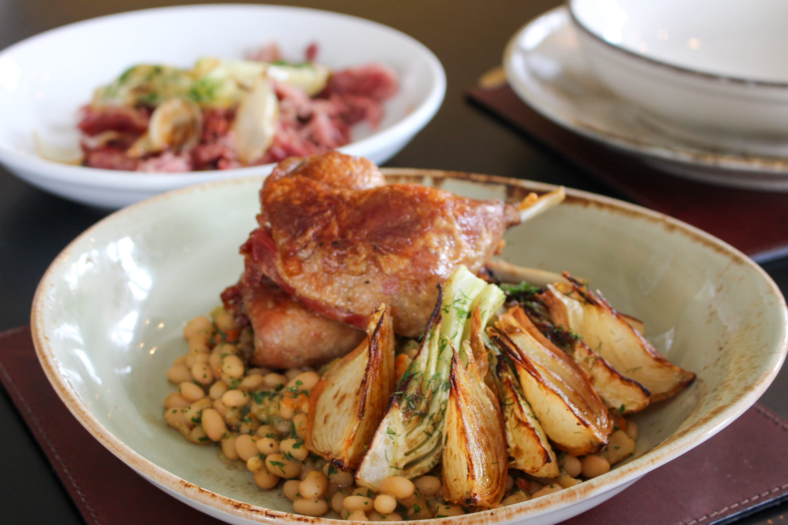 Confit duck leg with white bean cassoulet, roasted fennel and onions, made with seasonal produce from Mereworth Market Garden
